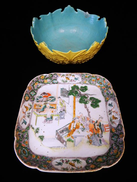 ASIAN mid late 19th C Chinese ceramics two pieces square