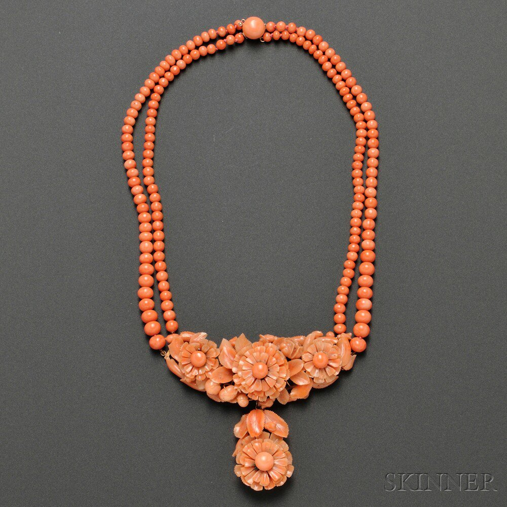 Carved and Beaded Coral Necklace composed of two strands of