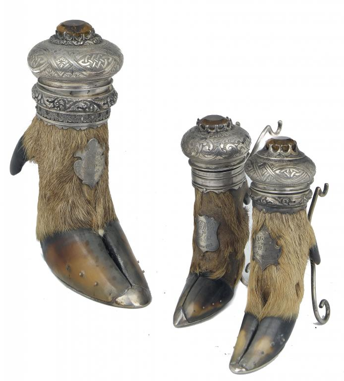THREE SIMILAR SCOTTISH VICTORIAN SILVER MOUNTED DEER SLOT INKWELLS the
