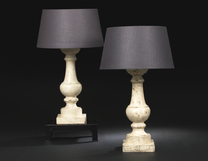 Pair of Distressed Ivory Painted Table Lamps each of baluster