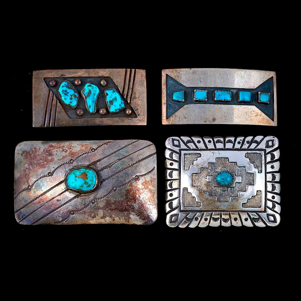 NAVAJO BELT BUCKLES Four Vintage old pawn turquoise and silver