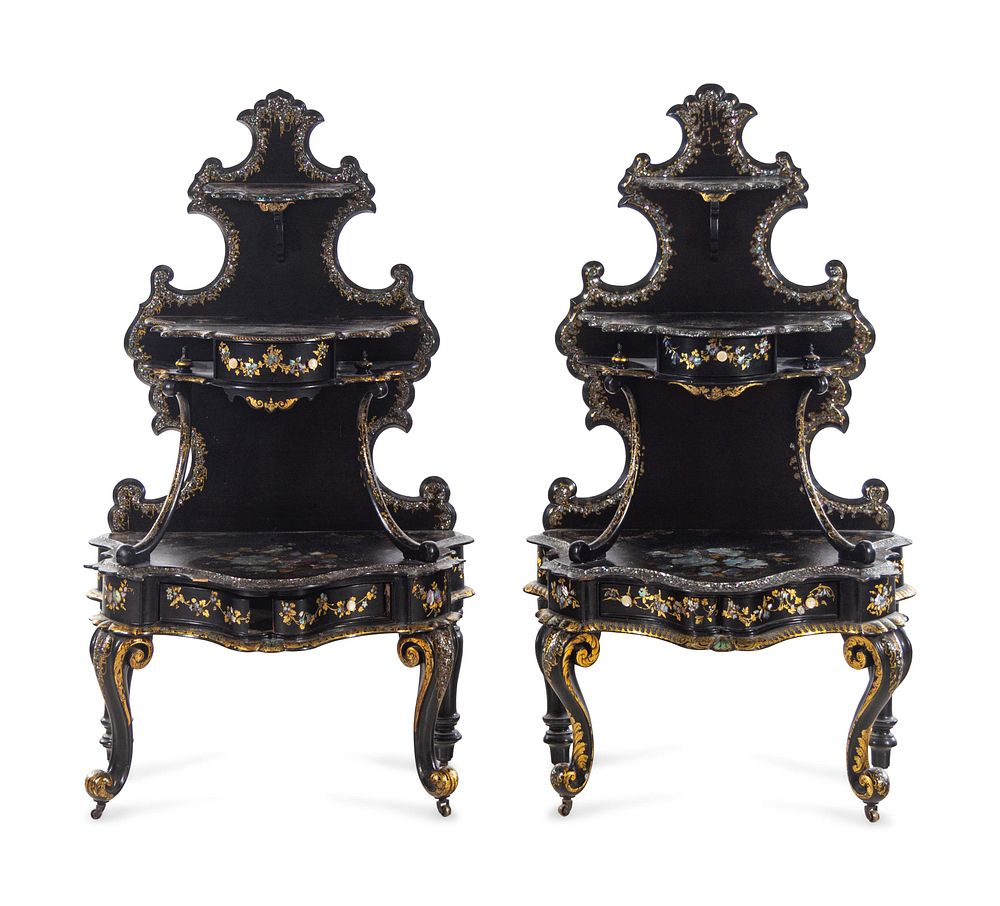 A Pair of Victorian Mother of Pearl Inlaid Etageres A
