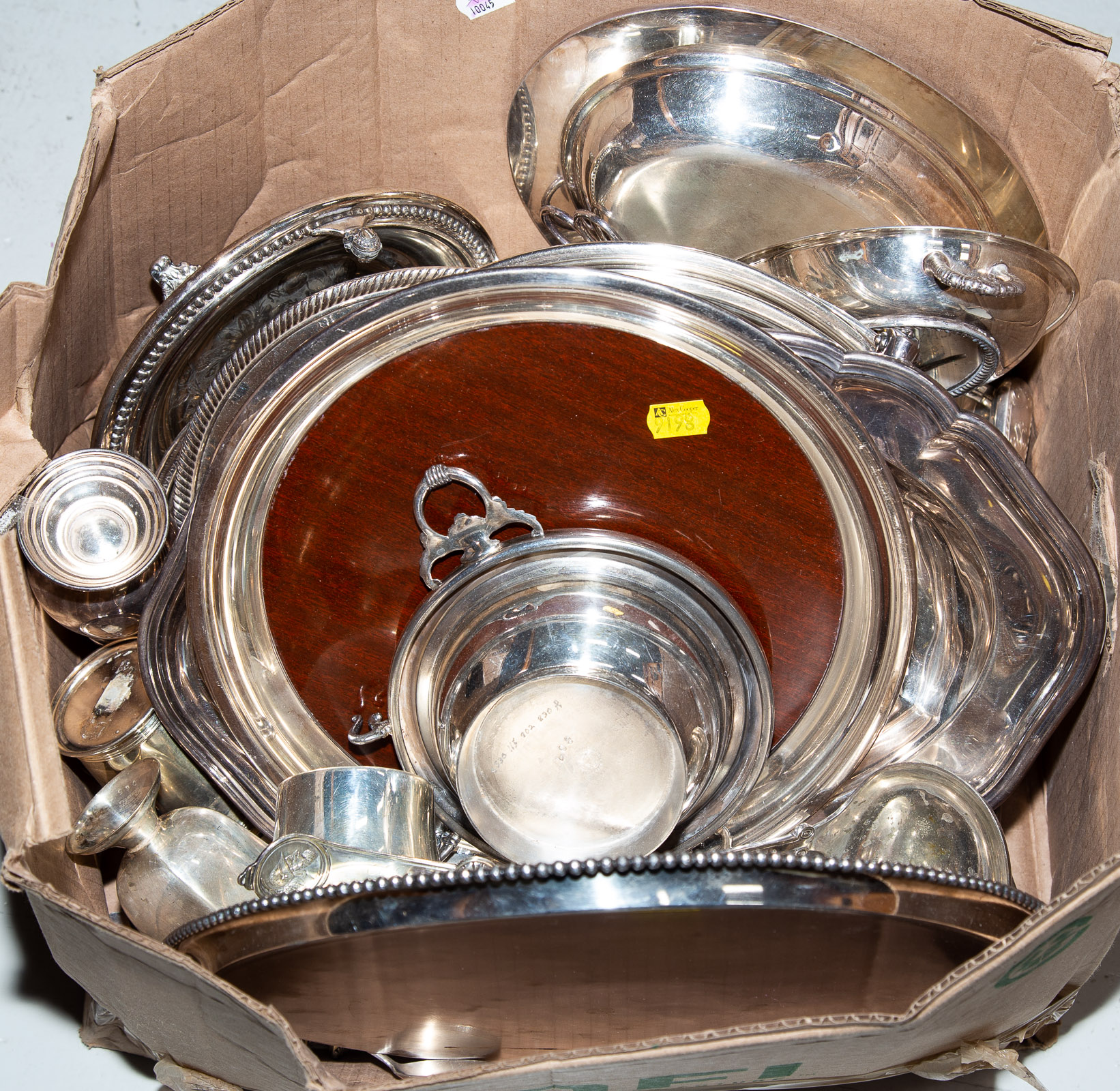 LARGE BOX OF SILVER PLATED ITEMS Includes cups serving dishes