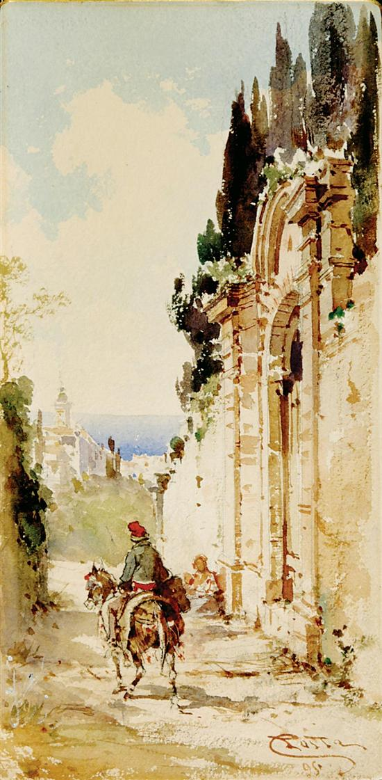 Emmanuel Costa French 1833 1921 OLD MEDITERRANEAN ROAD watercolor laid