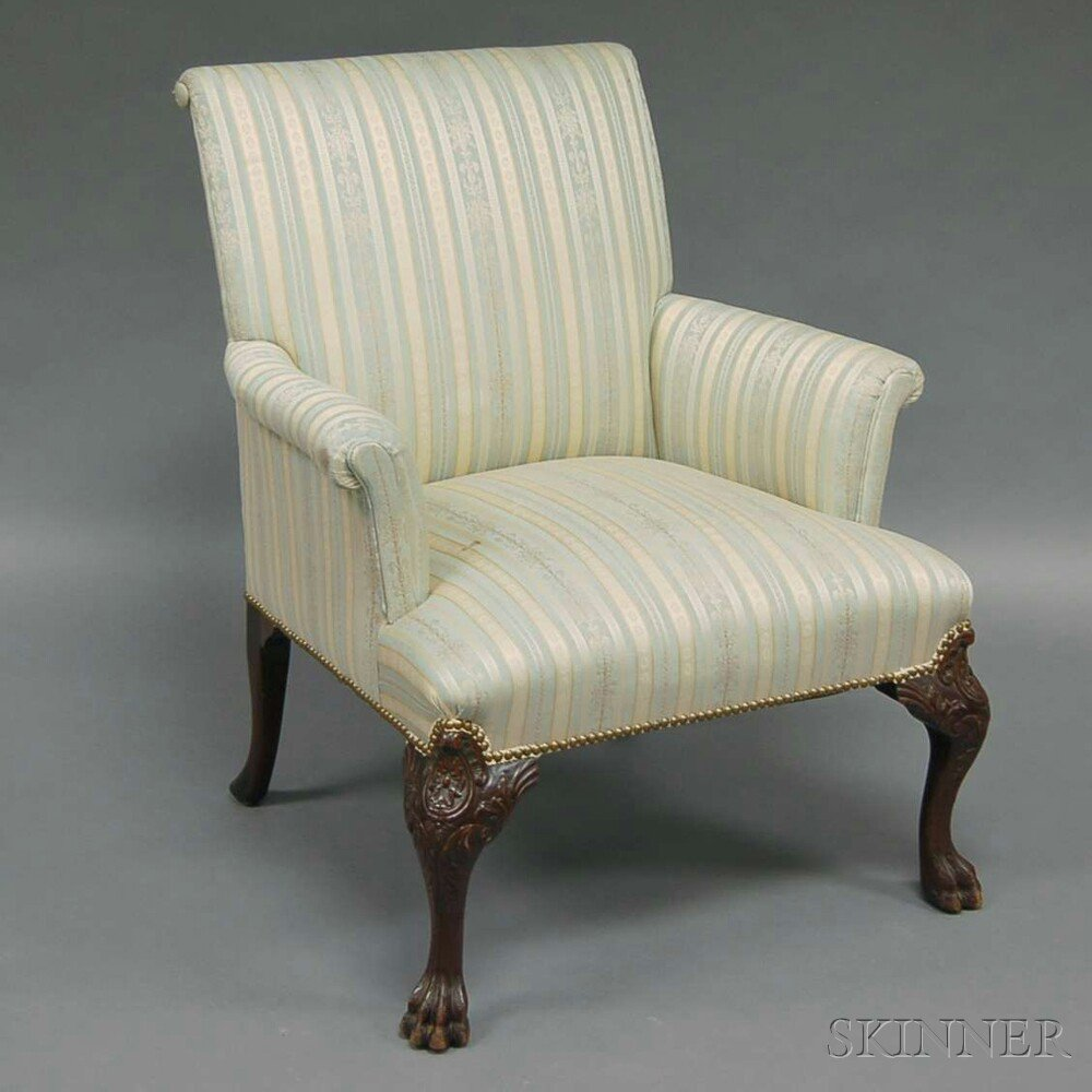 Chippendale style Damask Upholstered Carved Mahogany Armchair Estimate 300 350