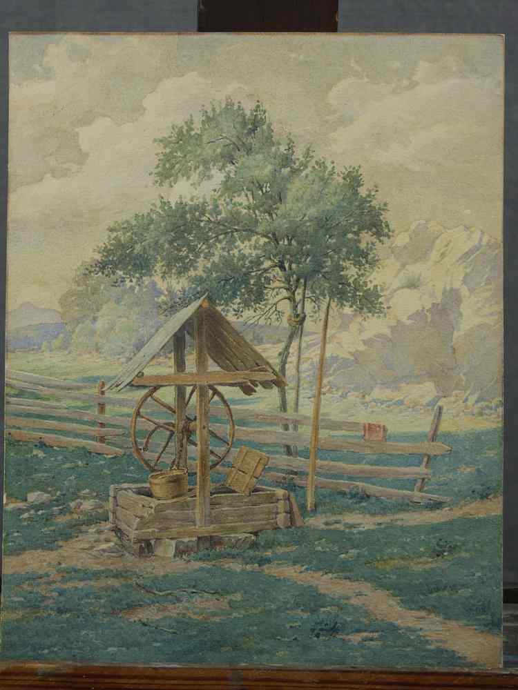 WATERCOLOR ON ILLUSTRATION BOARD View of covered well with windlass