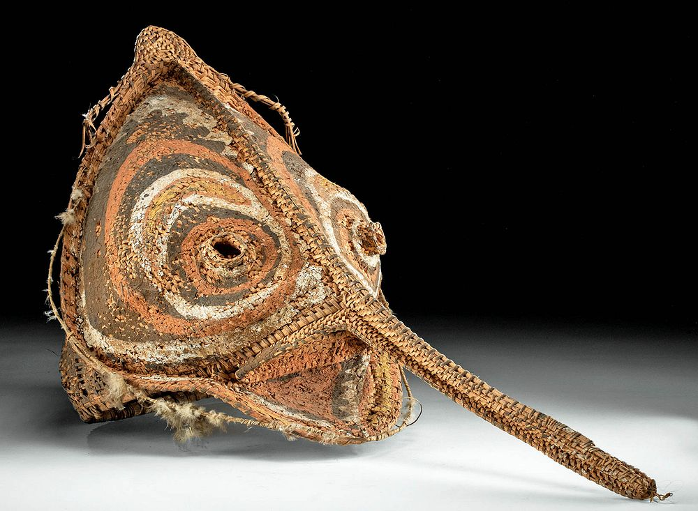 20th C Papua New Guinea Fiber Yam Mask w Feathers