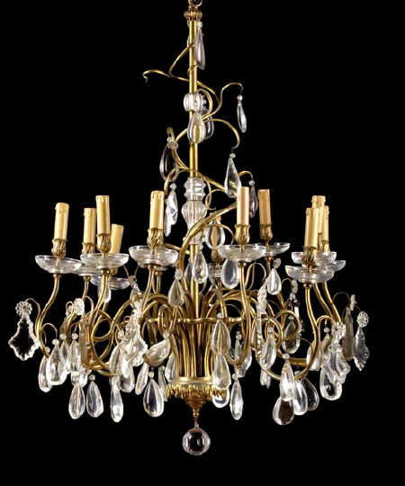 Large Continental Gilt Brass and Cut Glass Twelve Light Chandelier