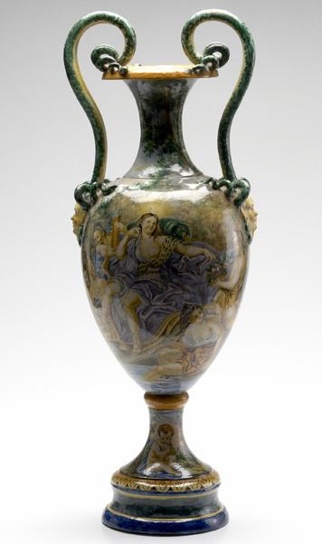 ITALIAN FAIENCE Double handled urn with genre scene on front