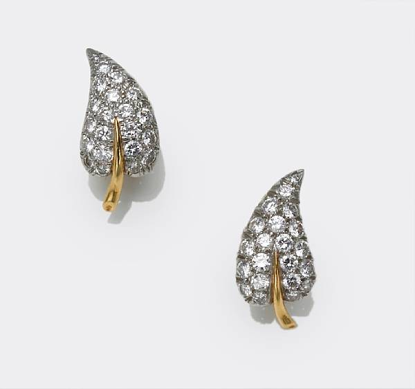 A pair of diamond leaf motif earclips Schlumberger Tiffany amp