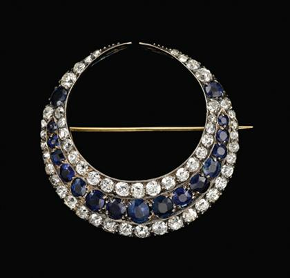 White and yellow gold sapphire and diamond cresent pin georgian