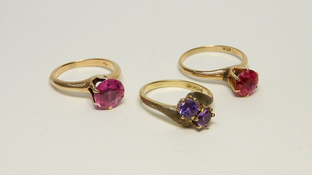 3 Estate 10K Gold Amethyst Ruby Spinel Rings 20th Century