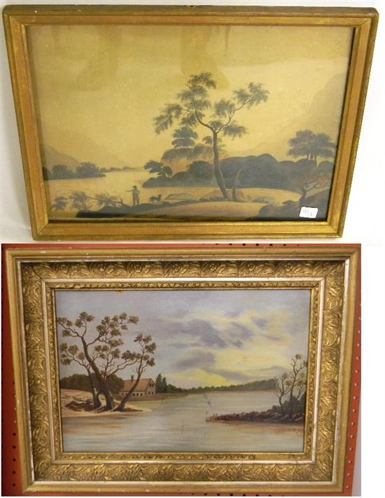 19th C naive watercolor landscape featuring man and dog on
