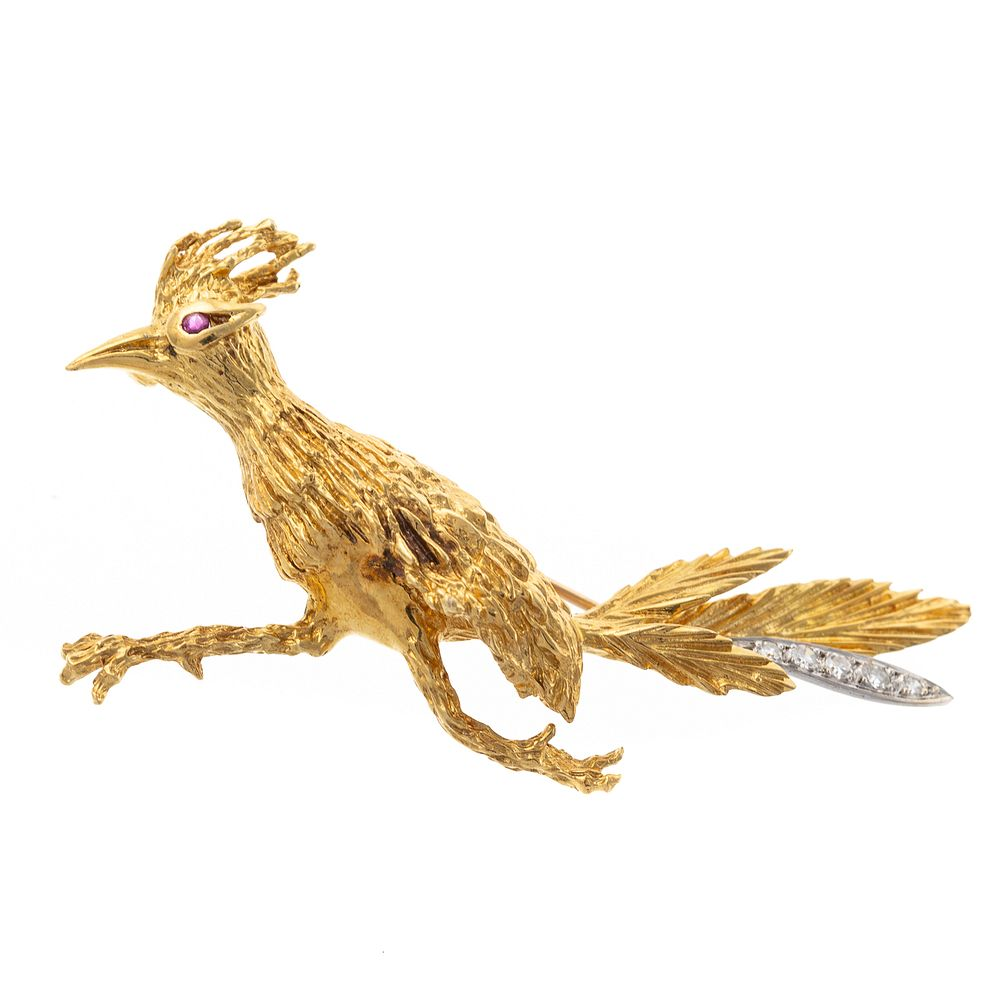 An 18K Ruby Diamond Roadrunner Brooch 18K yellow gold brooch