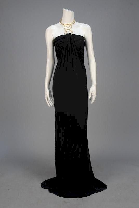 DONNA KAREN BIAS CUT RING HALTER GOWN 1990s Black stretch