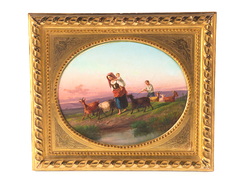 OVAL OIL PAINTING OF A FAMILY HERDING GOATS European mid