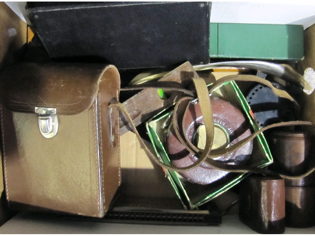 Box of miscellania tape measure drawing instruments etc