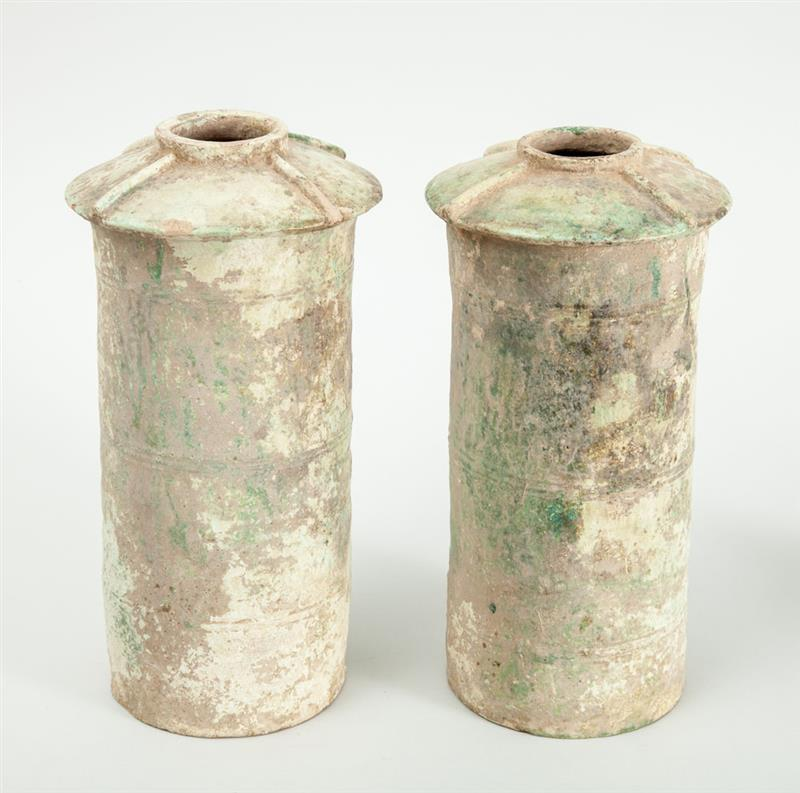 PAIR OF HAN TYPE PART GREEN GLAZED JARS Each ringed