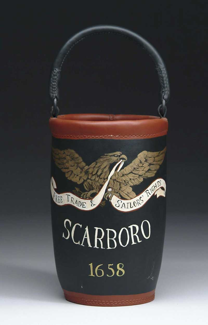 COMMEMORATIVE PAINTED LEATHER FIRE BUCKET For Scarborough Maine Decorated with