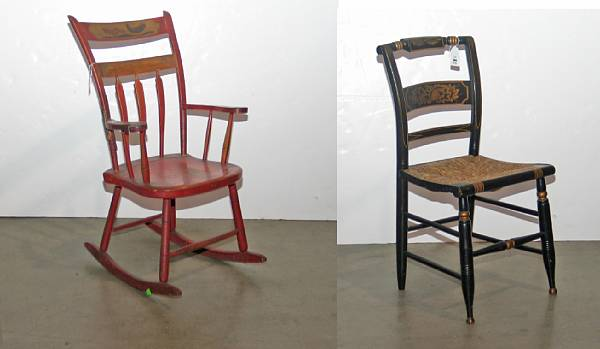 A Federal parcel gilt stenciled ebonized fancy chair together with