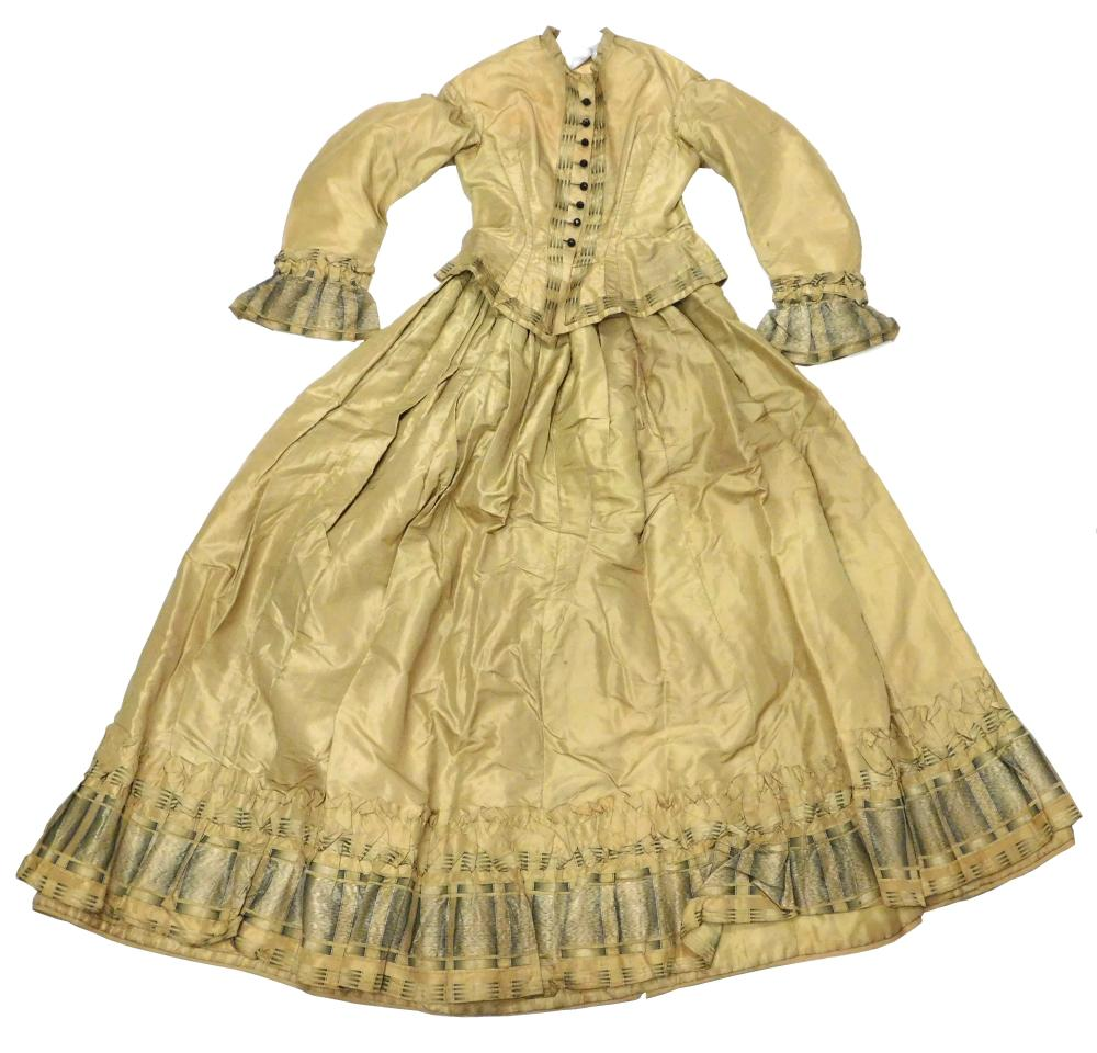 Greenish tan silk taffeta dress 19th C museum provenance two