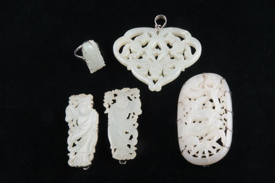 FIVE PIECES CHINESE CARVED MUTTON FAT TO PALE CELADON COLOR
