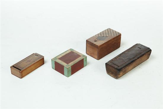 FOUR MINIATURE WHIMSEY BOXES American 19th century Various woods including