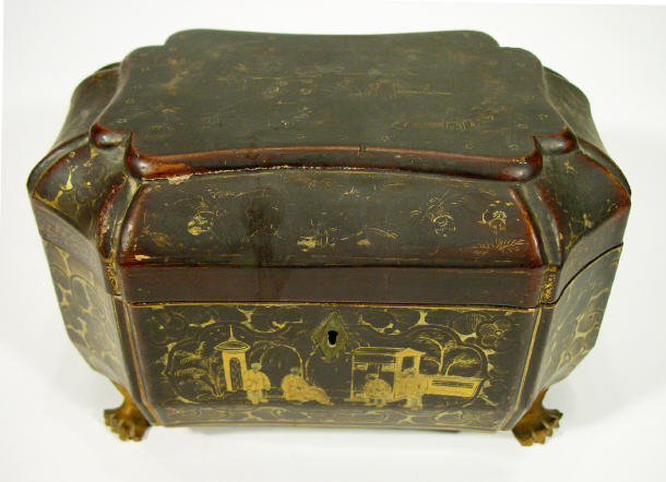 Oriental lacquer tea caddy with twin divisional metal jars and