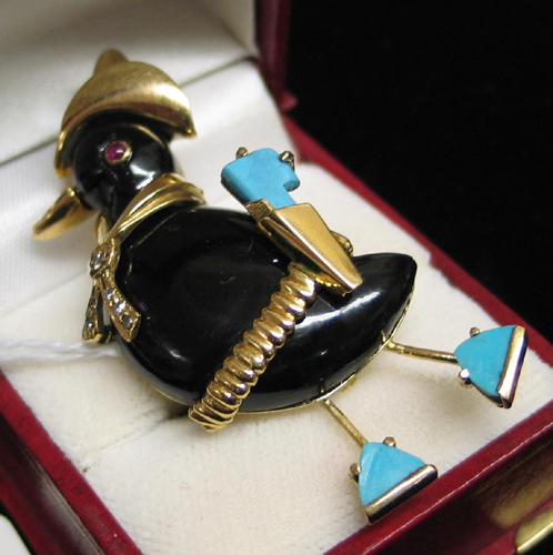 BLACK ONYX TURQUOISE RUBY DIAMOND AND YELLOW GOLD DUCK BROOCH