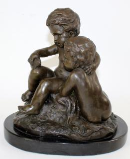 Bronze sculpture with 2 babies on marble base Bronze sculpture
