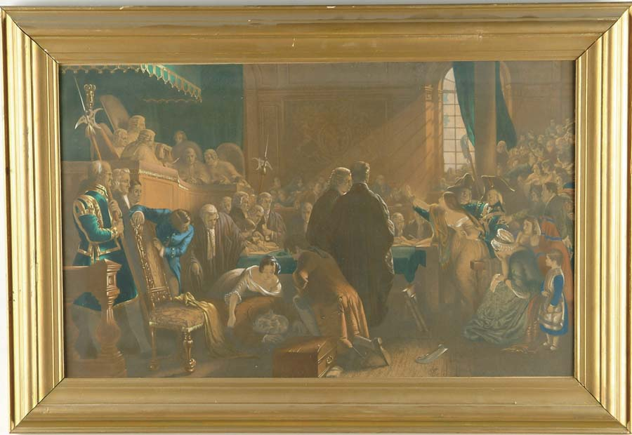 UNSIGNED Late 19th C LARGE COLORED PRINT Print shows interior