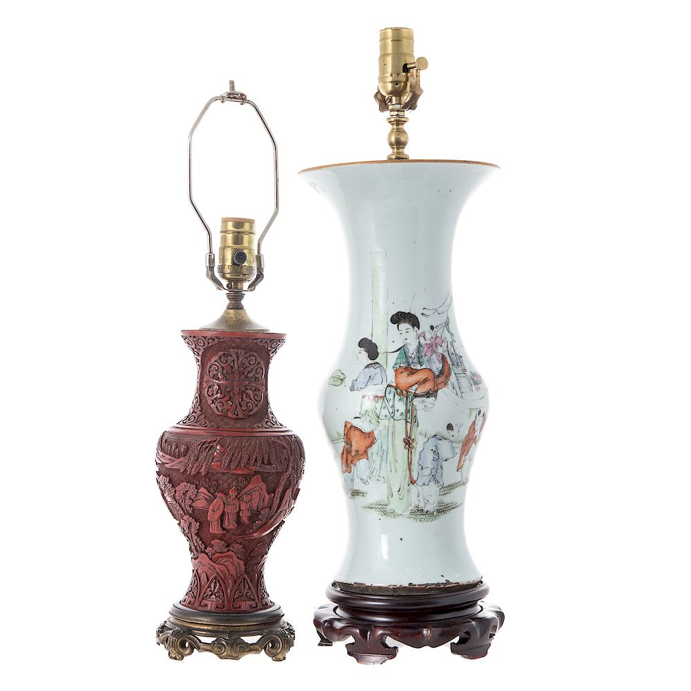 Chinese cinnabar vase lamp and porcelain lamp carved cinnabar lacquer