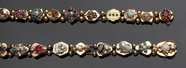 A collection of two Victorian style two row slider bracelets