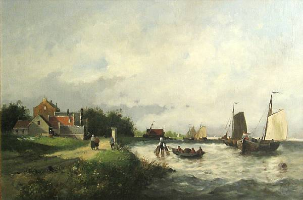 Dutch School 20th Century Shipping by a Dutch town signed