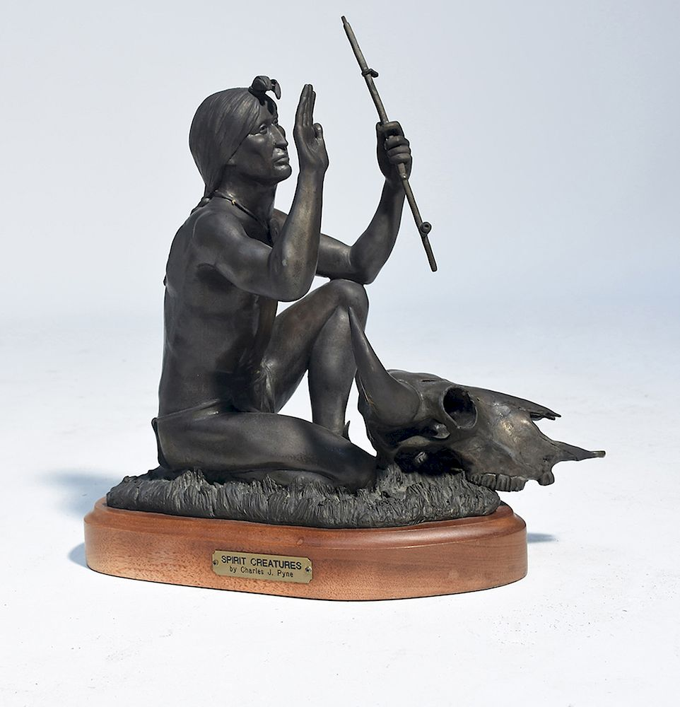 Charles J Pyne bronze figure of kneeling Native American titled