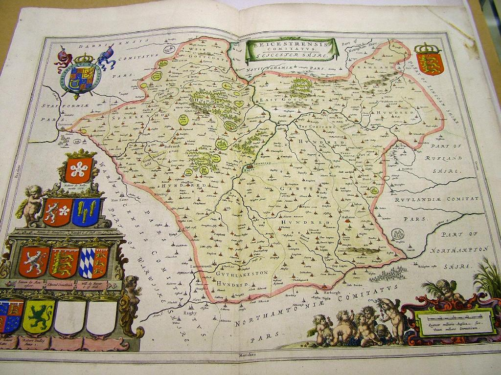 After J Blaeu 17th century Leicestershire hand coloured engraved map