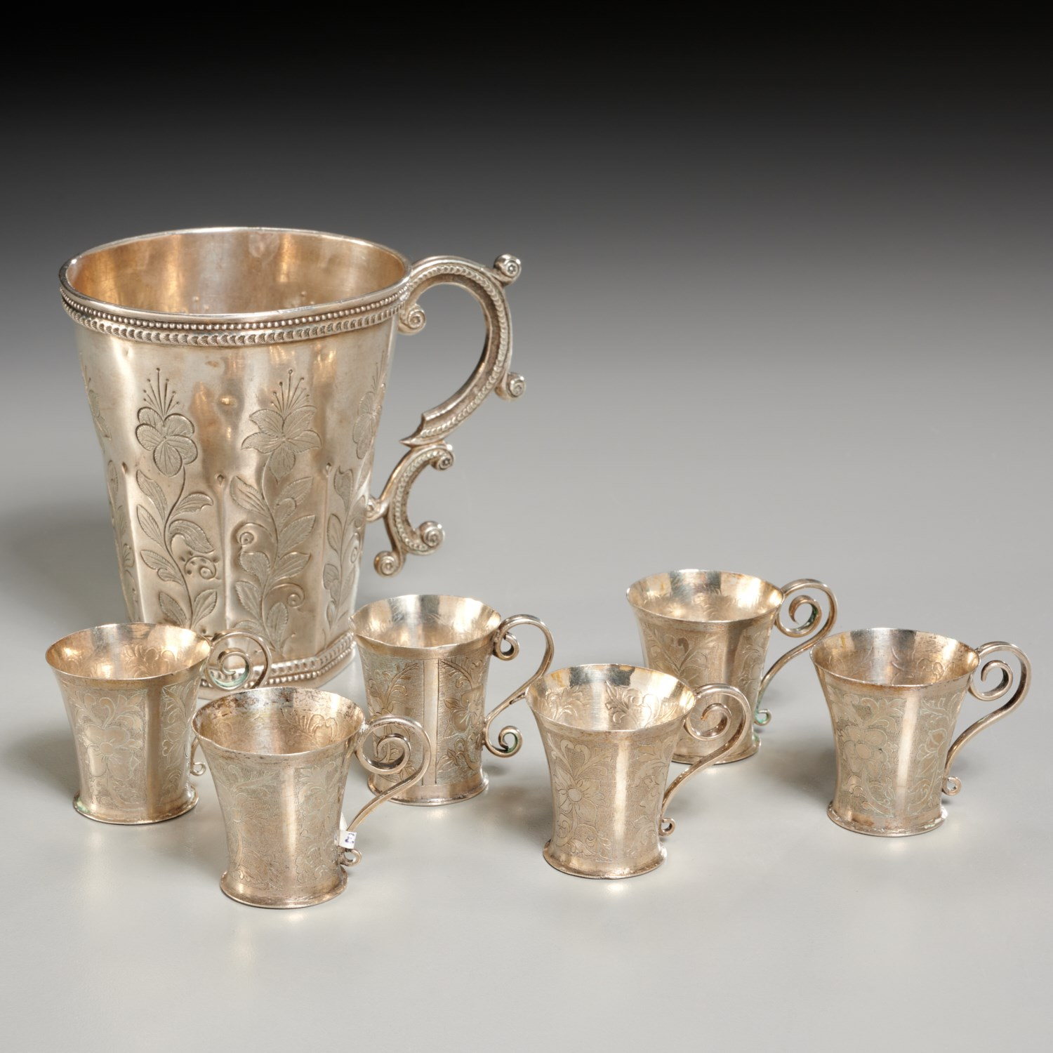 SPANISH COLONIAL ENGRAVED SILVER CUP GROUPING Likely 19th c incl