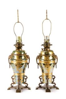 Pair French Green Metallic Gilt Moderator Lamps French mid 19th