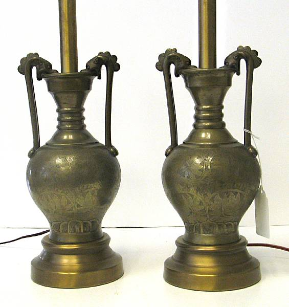 A pair of Chinese archaistic brass two handed baluster vases