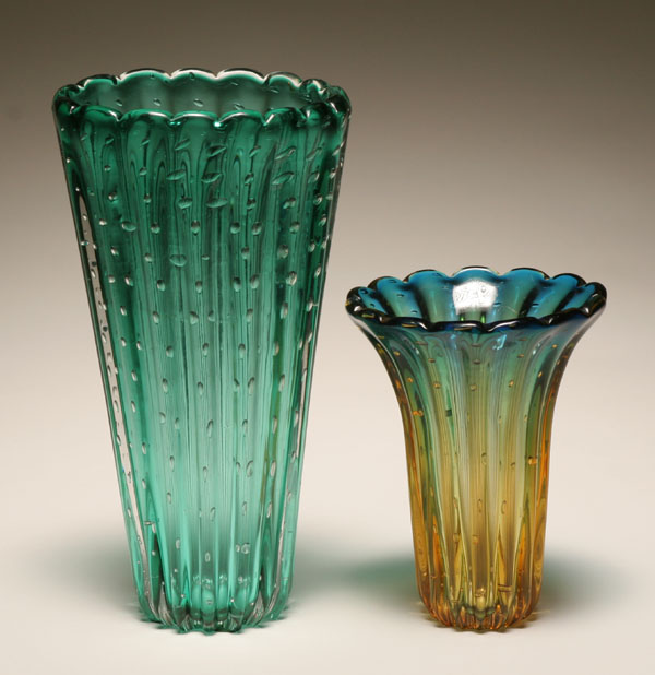 Two Murano ribbed art glass vases with controlled bubbles The