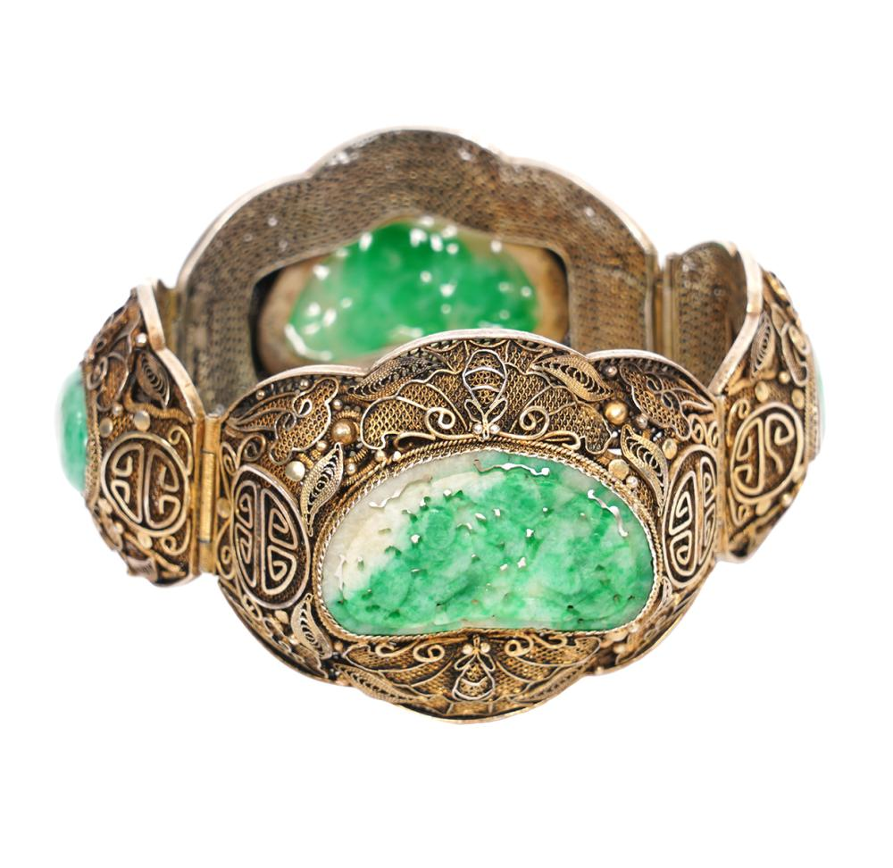 CHINESE ANTIQUE JADE STERLING LINK BRACELETAntique Chinese jade and silver