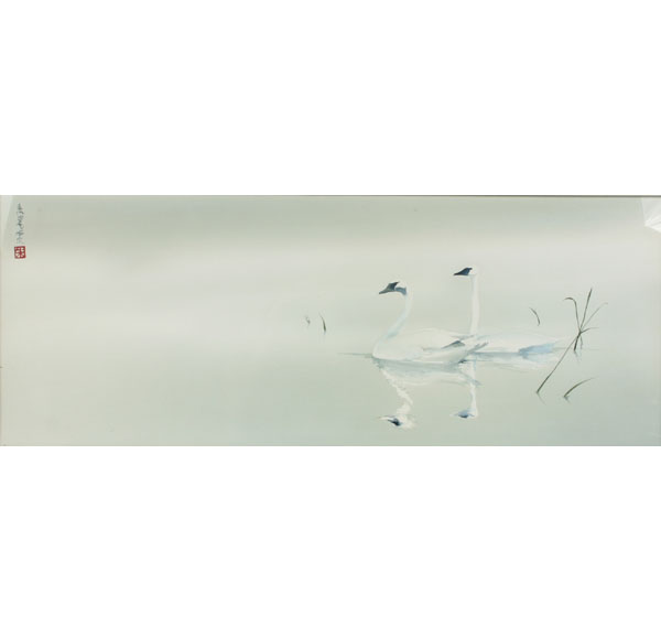 Frank Gee Chinese b 1948 floating swans reflected in pond