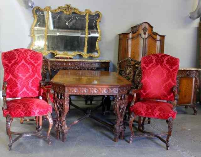 Baroque Style Carved and Inlaid Dining Set withSix Highly carved