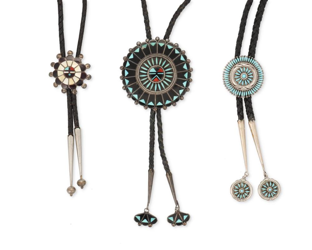 Three Zuni silver and turquoise bolo ties Three works A