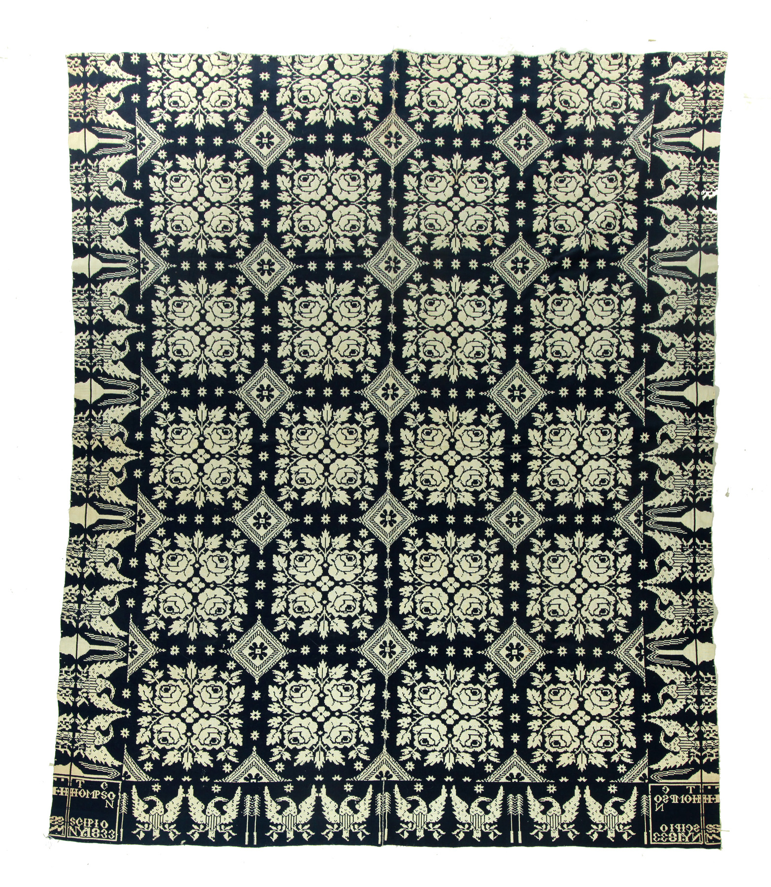 NEW YORK JACQUARD COVERLET Scipio Cayuga County 1833 wool and
