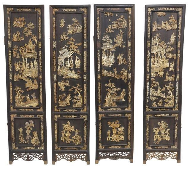 Chinese hardwood four panel folding screen applied bone carvings featuring