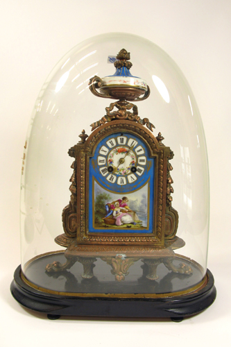 FRENCH SHELF CLOCK under curved glass dome The copper gilt
