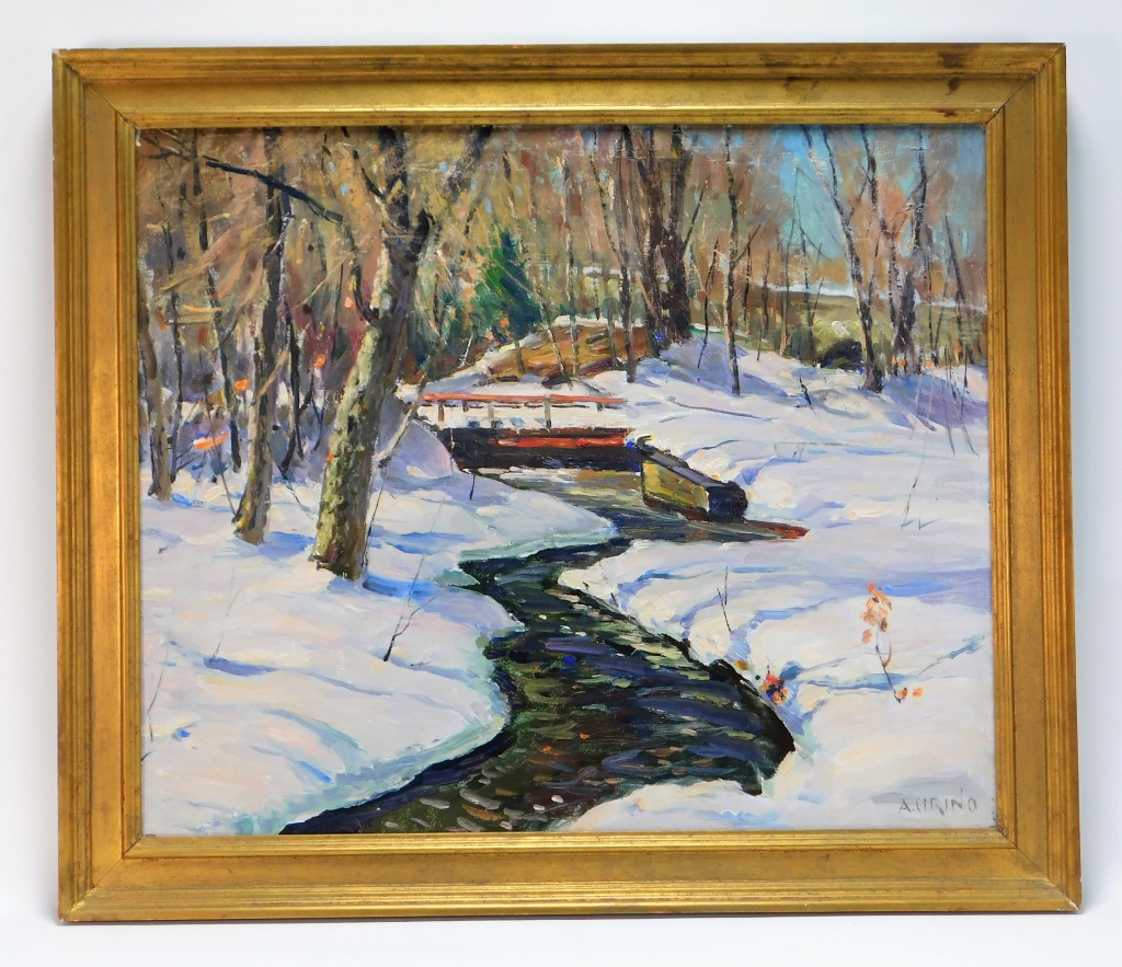 ANTONIO CIRINO FROZEN STREAM LANDSCAPE PAINTING Rhode Island Italy 1889
