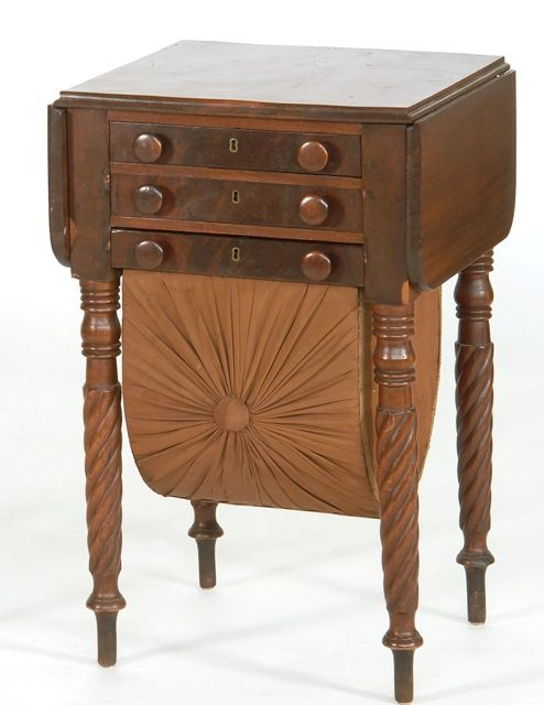 ANTIQUE AMERICAN SHERATON TWO DRAWER WORK TABLE In mahogany and