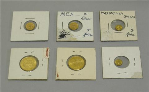 SIX GOLD PESO PIECES Including two 1865 Mexican Maximilion gold